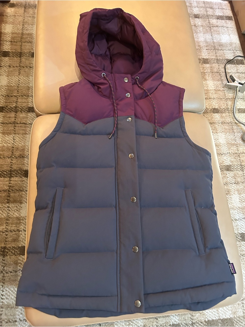Patagonia Two-Tone Hooded Puffer Vest in Dark Purple and Gray, Retro feel